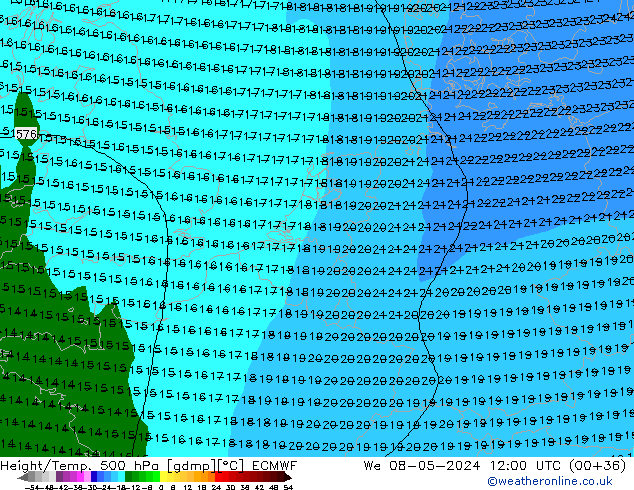 Z500/Rain (+SLP)/Z850 ECMWF Mi 08.05.2024 12 UTC