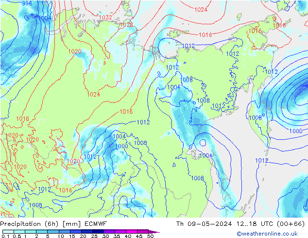 Z500/Rain (+SLP)/Z850 ECMWF Čt 09.05.2024 18 UTC