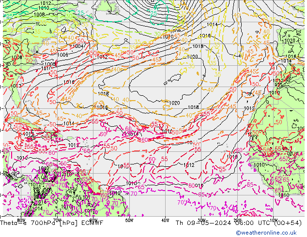 Theta-e 700hPa ECMWF gio 09.05.2024 06 UTC