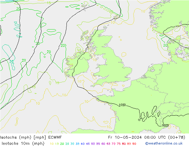 Isotachen (mph) ECMWF vr 10.05.2024 06 UTC