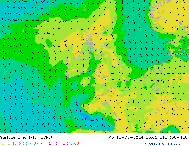 Viento 10 m ECMWF lun 13.05.2024 06 UTC