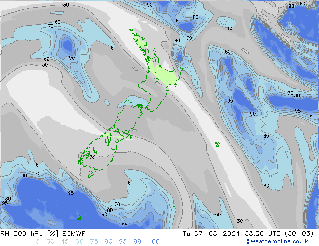 Humidité rel. 300 hPa ECMWF mar 07.05.2024 03 UTC