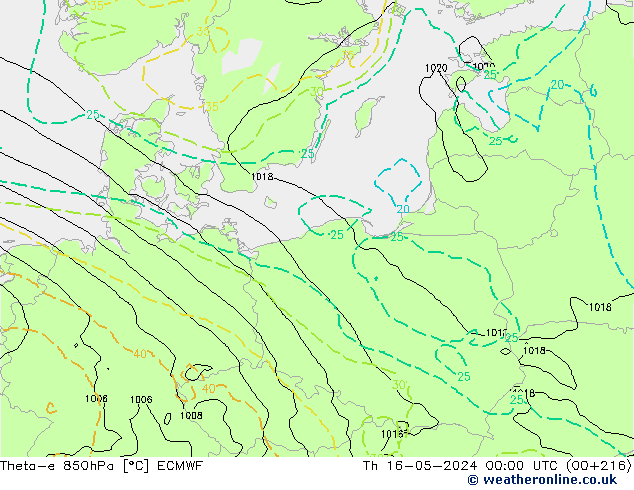 Theta-e 850hPa ECMWF czw. 16.05.2024 00 UTC