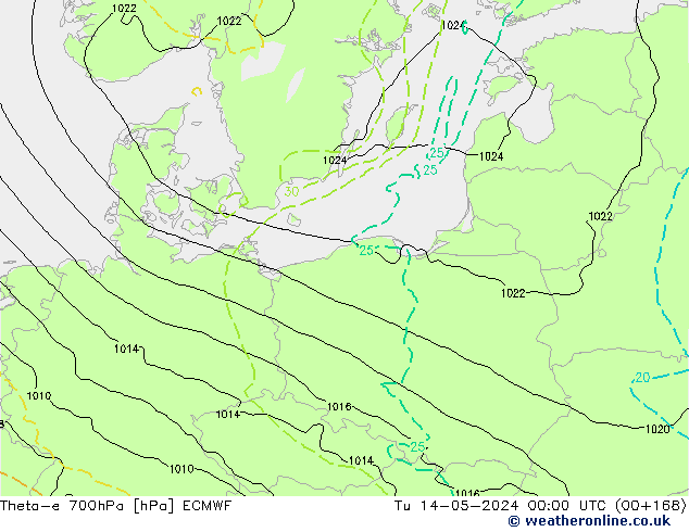 Theta-e 700hPa ECMWF Tu 14.05.2024 00 UTC