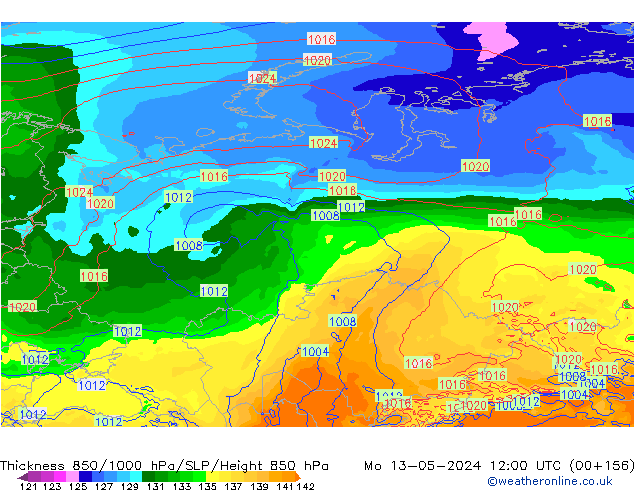 Thck 850-1000 hPa ECMWF lun 13.05.2024 12 UTC