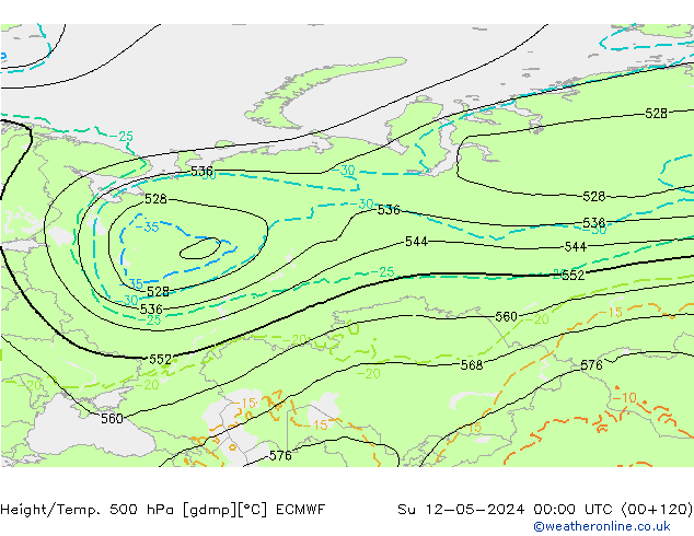 Z500/Regen(+SLP)/Z850 ECMWF zo 12.05.2024 00 UTC