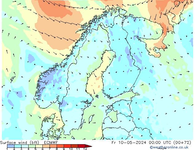 Surface wind (bft) ECMWF Fr 10.05.2024 00 UTC