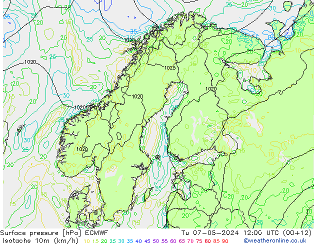 Isotachen (km/h) ECMWF Di 07.05.2024 12 UTC