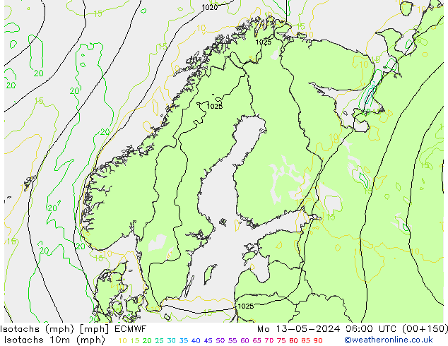 Isotachen (mph) ECMWF Mo 13.05.2024 06 UTC