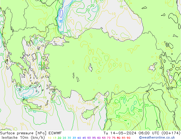 Eşrüzgar Hızları (km/sa) ECMWF Sa 14.05.2024 06 UTC