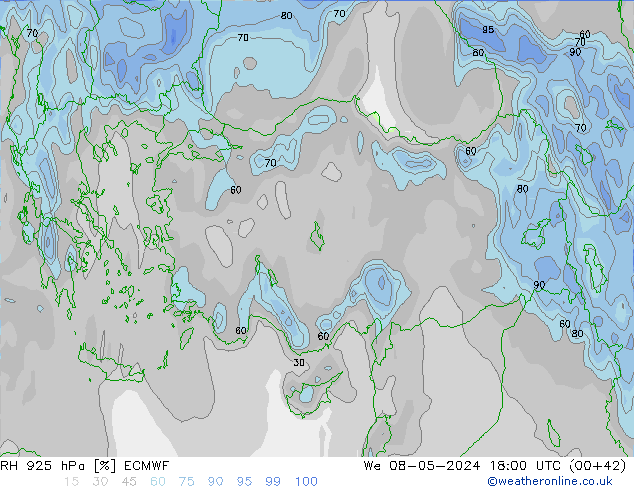 RH 925 hPa ECMWF mer 08.05.2024 18 UTC