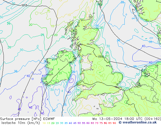 Isotachs (kph) ECMWF  13.05.2024 18 UTC