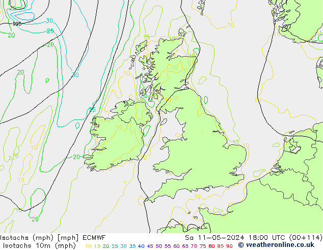 Isotachs (mph) ECMWF sab 11.05.2024 18 UTC