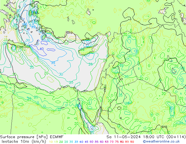 Isotachen (km/h) ECMWF za 11.05.2024 18 UTC