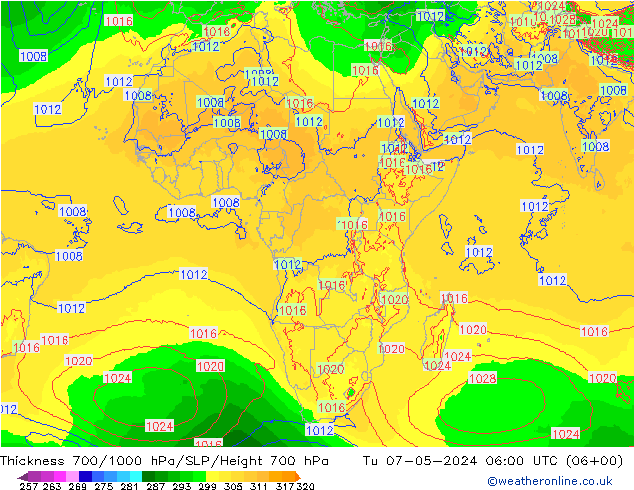 Thck 700-1000 hPa ECMWF Tu 07.05.2024 06 UTC