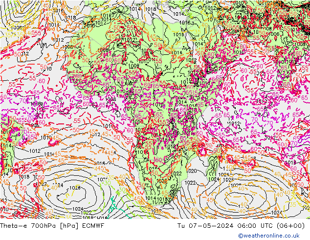 Theta-e 700hPa ECMWF mar 07.05.2024 06 UTC