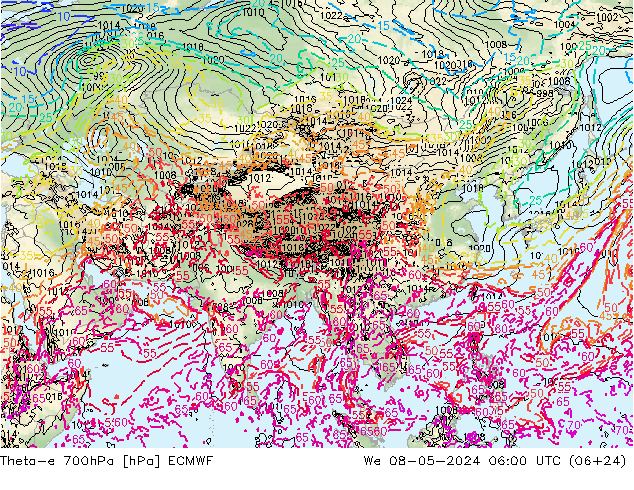 Theta-e 700hPa ECMWF mer 08.05.2024 06 UTC