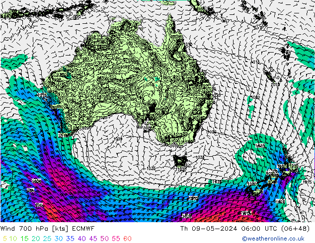 Vento 700 hPa ECMWF Qui 09.05.2024 06 UTC