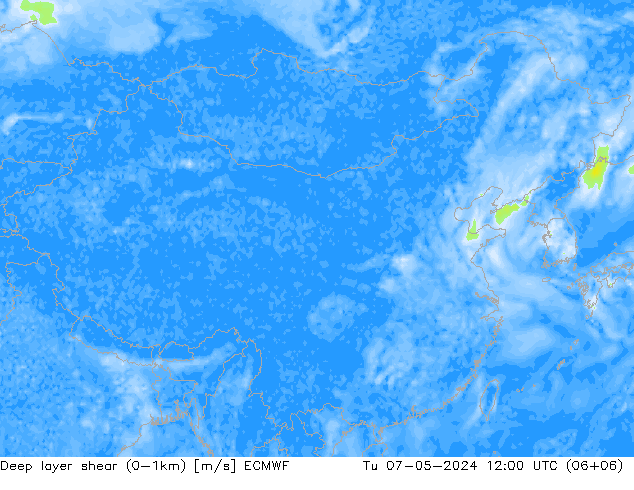 Deep layer shear (0-1km) ECMWF 星期二 07.05.2024 12 UTC