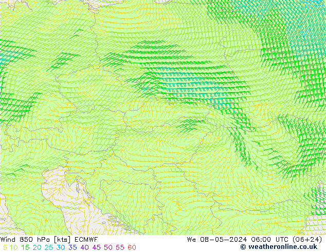 Vento 850 hPa ECMWF mer 08.05.2024 06 UTC