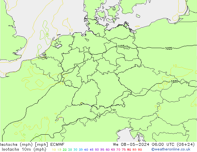 Isotachen (mph) ECMWF Mi 08.05.2024 06 UTC