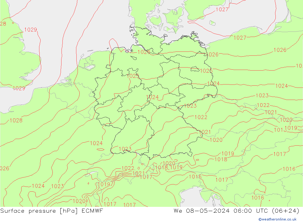 Presión superficial ECMWF mié 08.05.2024 06 UTC