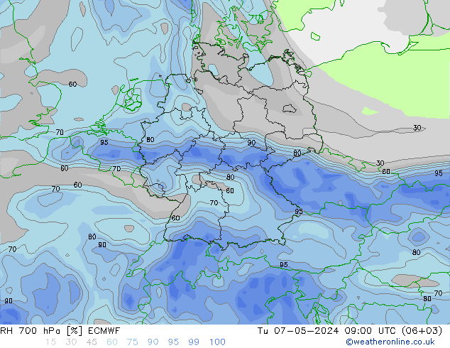 RH 700 hPa ECMWF Di 07.05.2024 09 UTC