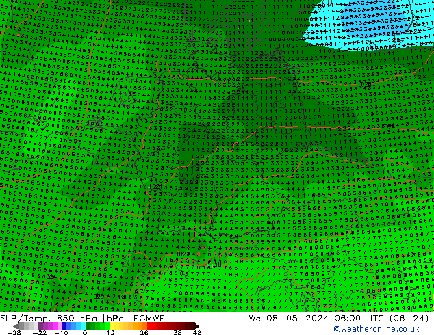 SLP/Temp. 850 hPa ECMWF Mi 08.05.2024 06 UTC