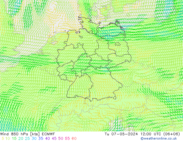 Wind 850 hPa ECMWF Di 07.05.2024 12 UTC