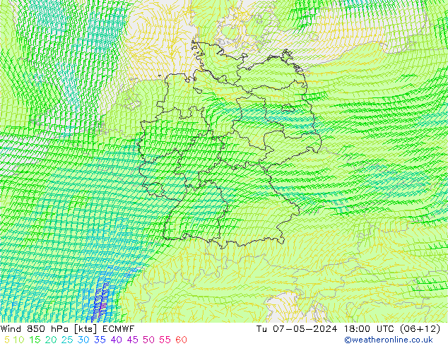 Wind 850 hPa ECMWF Di 07.05.2024 18 UTC