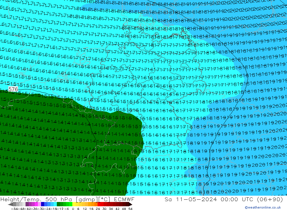 Height/Temp. 500 hPa ECMWF Sa 11.05.2024 00 UTC