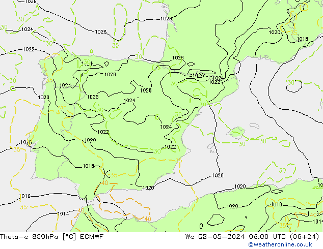 Theta-e 850hPa ECMWF St 08.05.2024 06 UTC