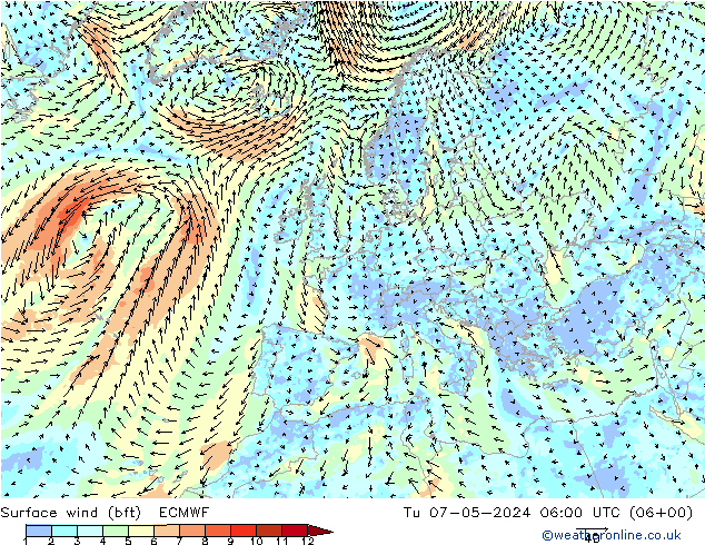 Surface wind (bft) ECMWF Tu 07.05.2024 06 UTC