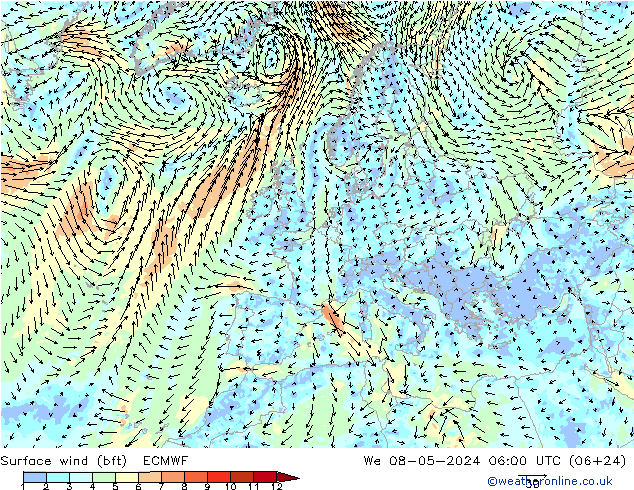 Surface wind (bft) ECMWF We 08.05.2024 06 UTC