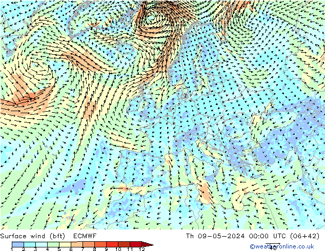 Surface wind (bft) ECMWF Th 09.05.2024 00 UTC