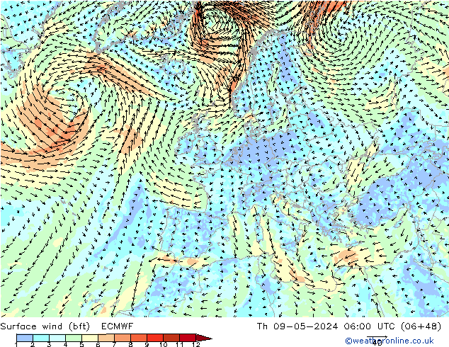 Wind 10 m (bft) ECMWF do 09.05.2024 06 UTC