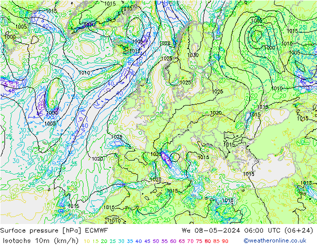 Isotachen (km/h) ECMWF Mi 08.05.2024 06 UTC