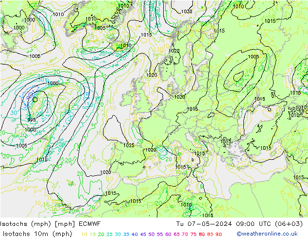Isotachen (mph) ECMWF Di 07.05.2024 09 UTC