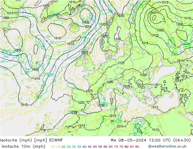 Isotachs (mph) ECMWF We 08.05.2024 12 UTC