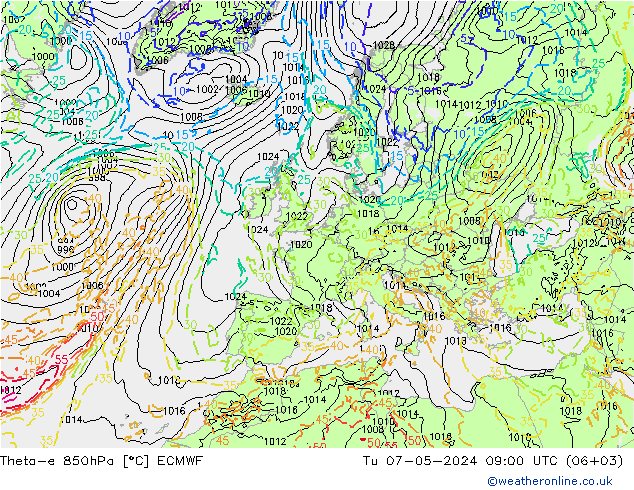 Theta-e 850hPa ECMWF Di 07.05.2024 09 UTC