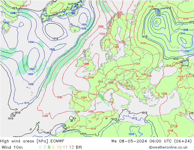 High wind areas ECMWF mié 08.05.2024 06 UTC