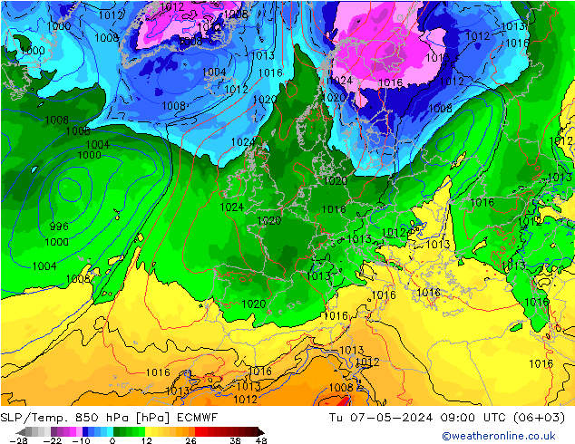 SLP/Temp. 850 hPa ECMWF Di 07.05.2024 09 UTC