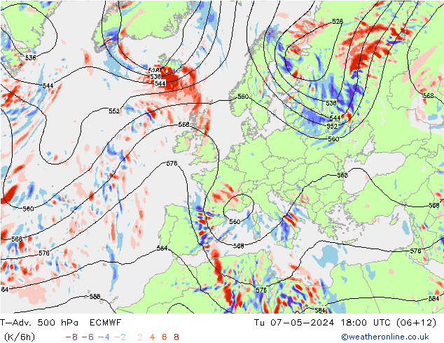 T-Adv. 500 hPa ECMWF wto. 07.05.2024 18 UTC