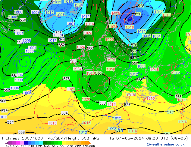 Thck 500-1000hPa ECMWF wto. 07.05.2024 09 UTC