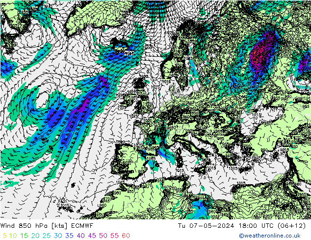 Wind 850 hPa ECMWF Di 07.05.2024 18 UTC