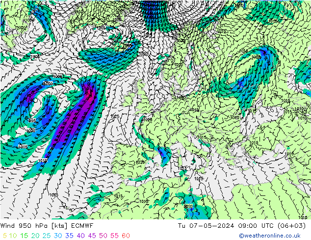 Viento 950 hPa ECMWF mar 07.05.2024 09 UTC