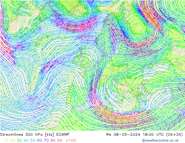 Streamlines 300 hPa ECMWF We 08.05.2024 18 UTC