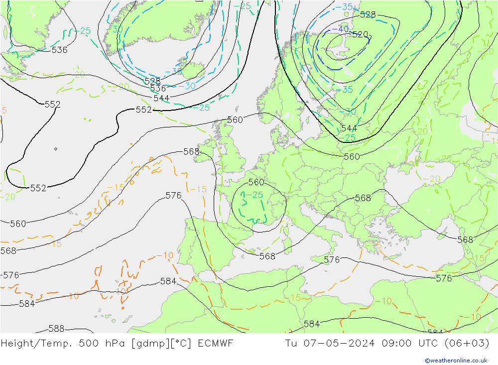 Height/Temp. 500 hPa ECMWF Di 07.05.2024 09 UTC