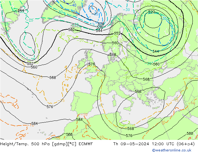 Z500/Rain (+SLP)/Z850 ECMWF gio 09.05.2024 12 UTC