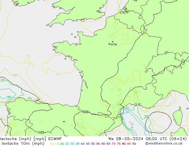 Isotachs (mph) ECMWF mer 08.05.2024 06 UTC